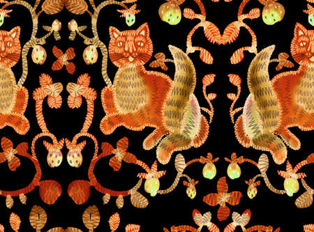 Watercolor seamless pattern in folk style. Decorative strawberry, flowers and fantasy cat. Hand...