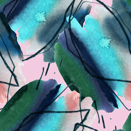 Watercolor seamless pattern. Hand drawn abstract watercolor paint brush strokes with curved lines and paint stains. Paper texture. Great for fashion design, bedding, fabric, textile, wrapping, surface.の写真素材
