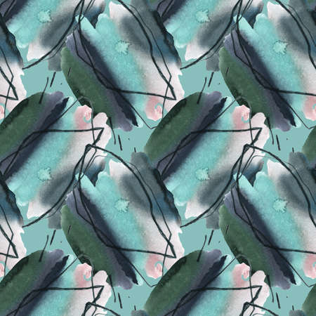 Watercolor seamless pattern. Hand drawn abstract watercolor paint brush strokes with curved lines and paint stains. Paper texture. Great for fashion design, bedding, fabric, textile, wrapping, surface.の写真素材