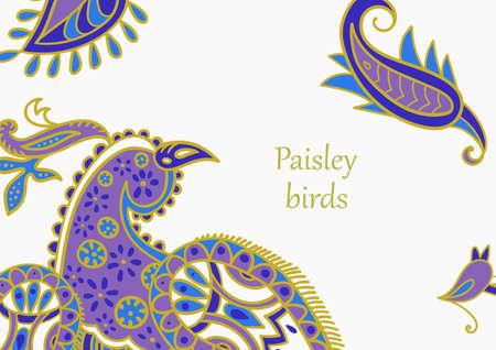 Vector card design in Paisley style isolated on white. Drawn firebird with text placed at the center. Great for postcard, greeting, wedding and invitation cards, placing text.のイラスト素材