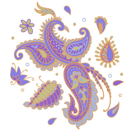 Vector artwork. Firebird in Paisley style isolated on white. Plain bird feathers, plumage, flower petals, leaves and buds. Background for card, poster, banner and postcard,のイラスト素材