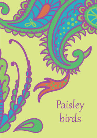 Vector card design in Paisley style. Drawn firebird's tail and plumage with text placed in the lower right corner. Great for postcard, greeting, wedding and invitation cards, placing text.のイラスト素材