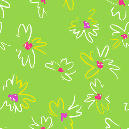 floral seamless pattern. Simple colorful botanical illustration with daisy flowers. Plain sketch made of marker. Good for bedding, fabric, textile, wallpaper, wrapping, surface.のイラスト素材