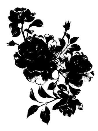 Silhouette made of roses and petals. Flat botanical illustration. Black vector flowers bouquet on white background. Sketch style.のイラスト素材