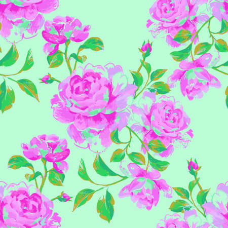 Floral seamless pattern made of gorgeous large roses. Acrylic painting with flower buds and leaves. Botanical illustration for fabric, textile, wallpaper and surface.のイラスト素材