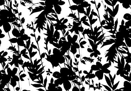 Floral seamless pattern. Silhouettes made of meadow flowers and plants. Flat botanical illustration for wallpaper, textiles, fabric, clothes, jacket, souvenirs, wrapper, surface or scrapbook.の写真素材