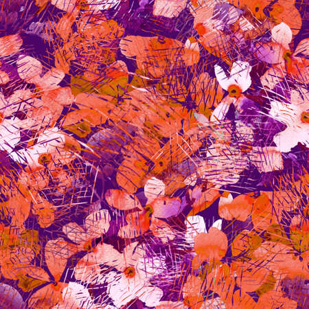 Watercolor floral seamless pattern. Hand drawn summer background made of meadow flowers with scratches hatching grunge texture. Flower buds blooming. Colorful botanical drawing for fabric and textile.の写真素材