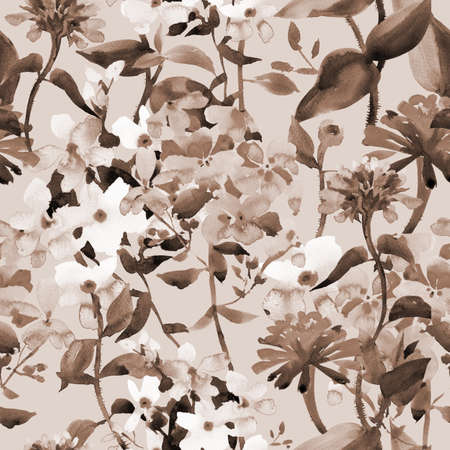 Watercolor floral seamless monochrome summer background made of garden flowers. Vintage style botanical drawing for fabric and textile.の写真素材