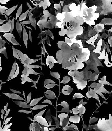 Botanical seamless pattern. Bouquet of watercolor large abstract and garden flowers, leaves and herbs. Hand drawn floral background in vintage style.の写真素材