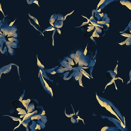 Watercolor seamless botanical pattern. Hand drawn opulent blossom peonies with foliage. Floral background in vintage style.の写真素材