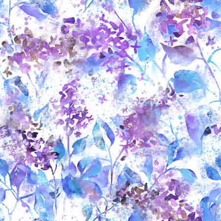 Watercolor floral seamless pattern with blurred lilac flowers. Colorful nature background made of meadow flowers with stains and splashes of paint, grunge texture. Spring blooming. Trendy mixed design.の写真素材