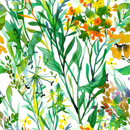 Beautiful watercolor floral background. Large blooming garden flowers, herbs, leafs and field plants in vintage style. Opulent botanical mixture with gentle pastel colors. Watercolor paints texture.の写真素材