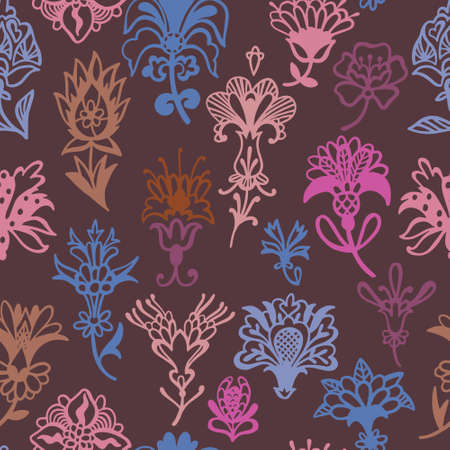 Fantasy floral. Decorative botanical vector seamless pattern made of abstract oriental flowers. Flat design, outline contour drawing.のイラスト素材