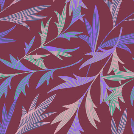 Vector botanical seamless pattern. Stems with textured leaves. Simple nature background.