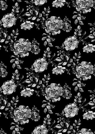 Botanical seamless pattern. Silhouettes of large opulent blooming roses. Background with flower buds and leaves in vintage style. Plane ornament for textile and fabric.の写真素材