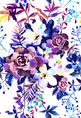 Botanical seamless pattern. Bouquet of watercolor large roses and garden flowers, leaves and herbs. Floral background in vintage style.の写真素材