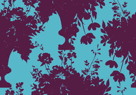 seamless pattern with roses silhouettes. Hand drawn bunch of opulent blooming roses in antique vase. Flat background with flower buds in vintage style. Ornament for textile and fabric.のイラスト素材