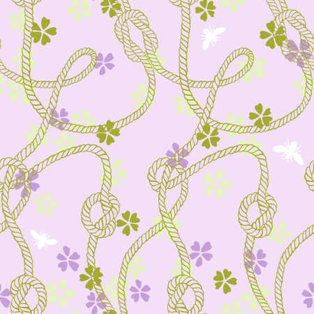 seamless pattern made of twisted ropes with knots, flowers and insects. Abstract graphic drawing. Plane nautical and nature ornament.のイラスト素材