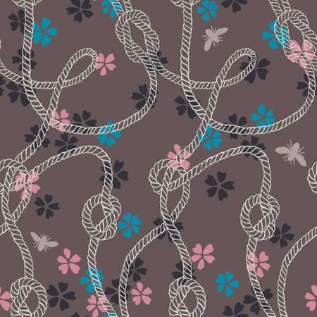 seamless pattern made of twisted ropes with knots, flowers and insects. Abstract graphic drawing. Flat nautical and nature ornament.のイラスト素材