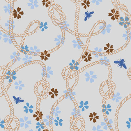 seamless pattern made of twisted ropes with knots, flowers and insects. Abstract graphic drawing. Flat nautical and nature ornament.のイラスト素材