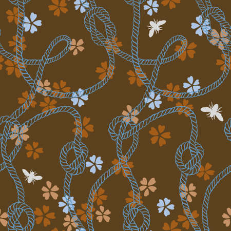 seamless pattern made of twisted ropes with knots, flowers and insects. Abstract graphic drawing. Flat nautical and nature ornament.のイラスト素材