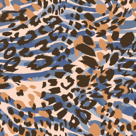 Abstract artisitc seamless pattern with sophisticated camouflage texture. Animal skin leopard spots fur with zebra stripes skin background. Trendy stripes animal pattern. Good for fabric and textile.のイラスト素材