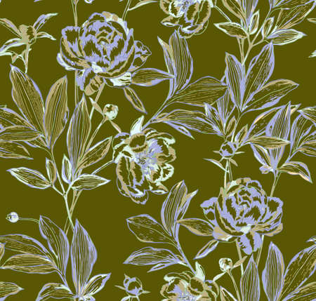 Vector botanical seamless pattern. Elegant peonies, buds and leaves. Contour drawing, etching graphic technique, embroidery illusion. Vintage background with beautiful flowers for textile and fabric.のイラスト素材