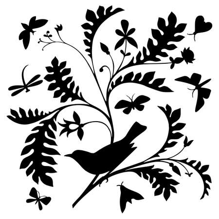 Black silhouette of a bird on a tree bough isolated on white. Nature motif. with butterflies and bird. Vintage style.のイラスト素材