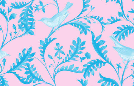 Seamless pattern with birds and branches with exotic leaves. Hand drawn by color pencils realistic flora and fauna background. Nature motif. Backdrop for fashion design, fabric, textile, wallpaper.の写真素材