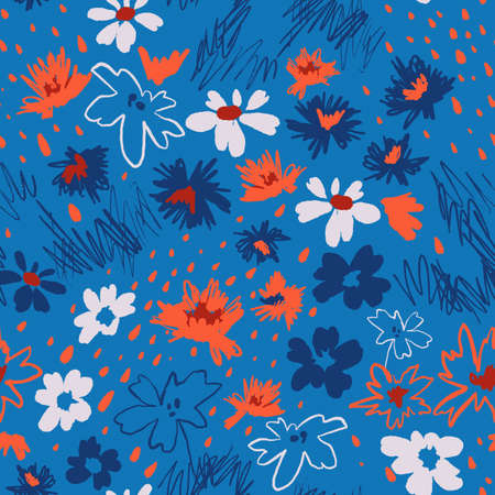 Flowers in doodle style. Seamless pattern made of daisies and abstract flowers. Outline drawings and...