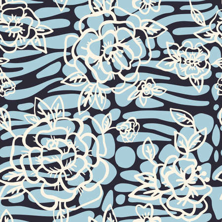 Floral seamless pattern made of cartoon doodle cute roses and leaves on mixed animal skin background zebra, giraffe safari africa print. Smooth paving stone oval forms. Vintage flat outline style.のイラスト素材