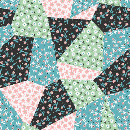 Abstract seamless pattern. Small daisies on bright geometric background. Flowers in vintage style. Flat floral drawing for fashion design, textile, fabric, wallpaper, surface or wrapping.のイラスト素材