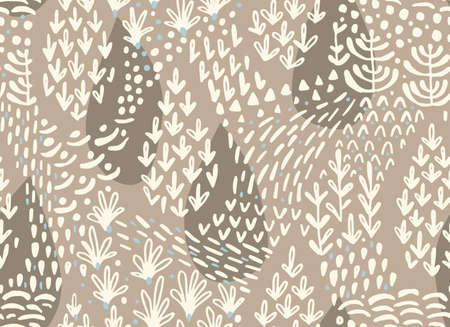 Vector floral seamless pattern with abstract flat botanical doodle elements such as plants, flowers,...