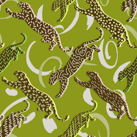 Animal seamless pattern. Leopard silhouettes background in a geometric print. Jumping wildcat with different geometric elements. Textile or fabric backdrop.のイラスト素材