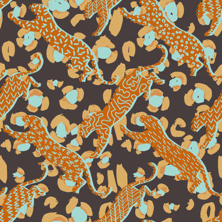 Animal seamless pattern. Leopard silhouettes background in a geometric print. Leopard spots fur...