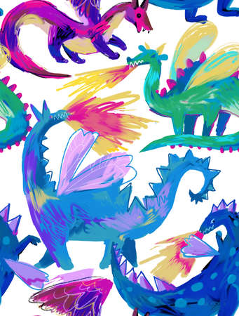 Seamless pattern with mythological animal. Backdrop made of fire breathing dragons. Childish cartoon naive style. Flying dragon medieval reptiles.の写真素材