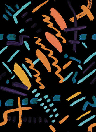 Geometric seamless pattern isolated on black. Multicolor abstract elements. Lines, strokes, zigzag,...