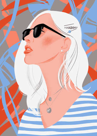 Fashion woman model with sunglasses on tropical background. Summer holiday portrait of beautiful girl. Pose. Flat trendy illustrtation. Template for card, poster, banner, print for t-shirt. tote bag.のイラスト素材