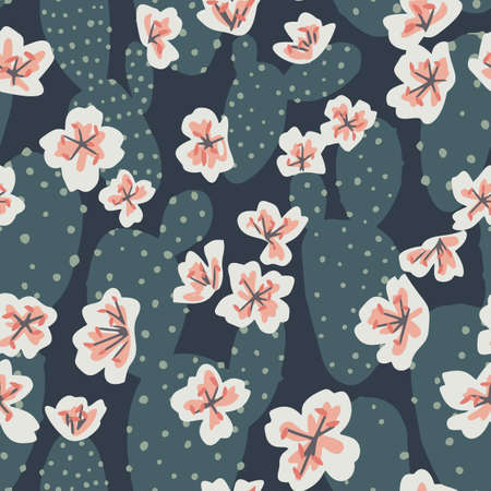 Summer botanical garden mixtures with plants such as aloe leaves, flower heads and cactus. Decorative floral seamless pattern. Trendy flat design. Silhouettes and cut out style technique.のイラスト素材