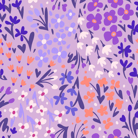 Small daisies and different meadow flowers, forbs and plants. Repeat botanical pattern. Hand drawn florals. Flat style illustration. Trendy fashion design for textile, fabric, surface and wrapping.のイラスト素材