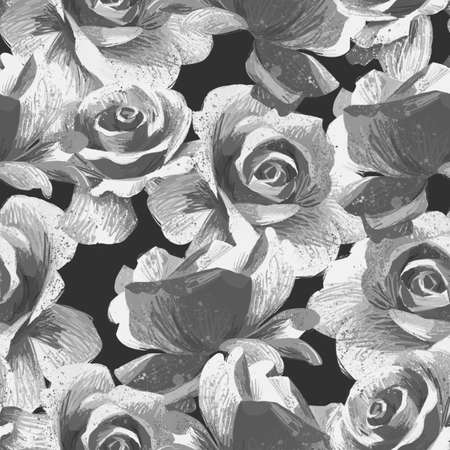 Large beautiful roses. Floral seamless pattern in vintage style. Flowers buds and petals. Black and white acrylic painting. Fashion botanical ornament.の写真素材