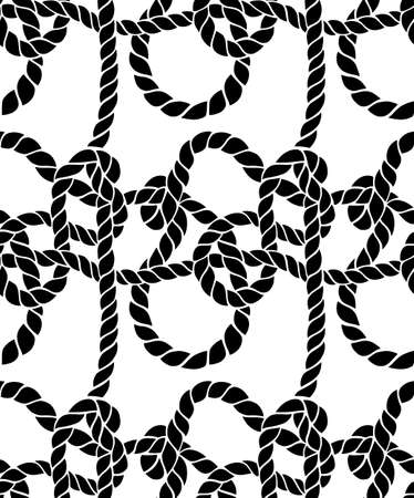 Seamless marine rope knot pattern. Endless illustration with black rope ornament and nautical sea knots isolated on white. Trendy maritime style background. Rope texture.のイラスト素材