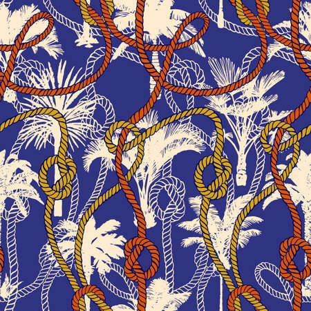 Palm tree seamless pattern with twisted ropes with knots. Flat nautical ornament. Exotic sea...