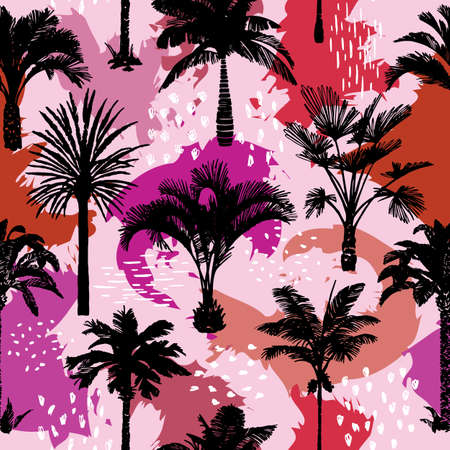 Palm tree seamless pattern with abstract background. Silhouettes of drawn tropical plants. Flat trendy exotic illustration with banana and coconut palm trees. Doodle elements. Good for textile, fabricのイラスト素材