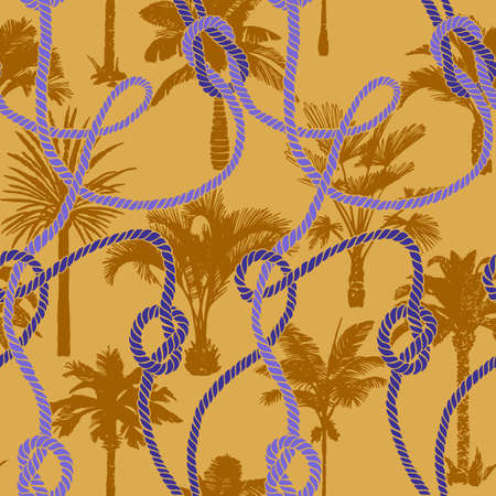 Palm tree seamless pattern with twisted ropes with knots. Flat nautical ornament. Exotic sea...