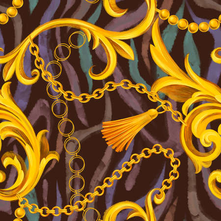 Fashion seamless pattern with chains, Baroque frame elements and jungle zebra tiger skin print...