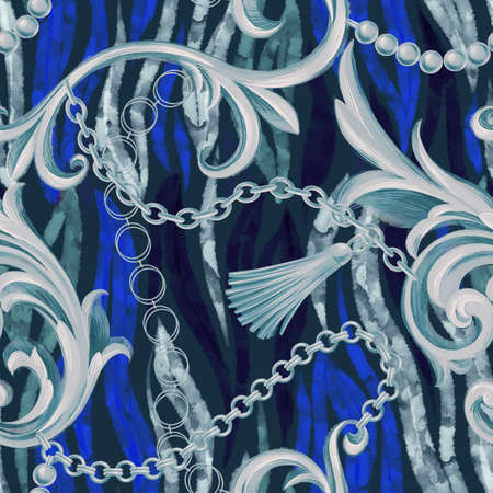 Fashion seamless pattern with chains, Baroque frame elements and jungle zebra tiger skin print...