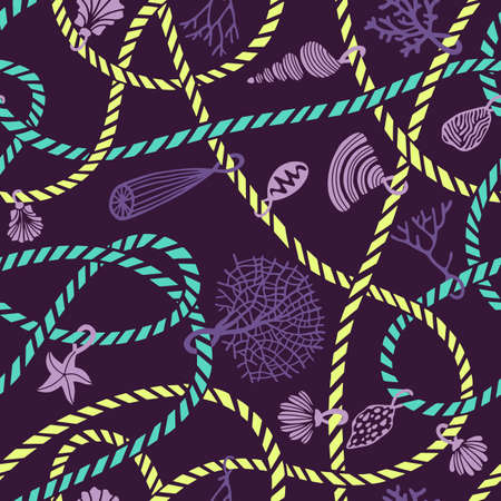 Seamless marine rope knot pattern. Illustration with color ropes ornament and Jewelry made of seashells, corals, algae and starfish. Trendy fashion maritime style background. Rope texture.のイラスト素材