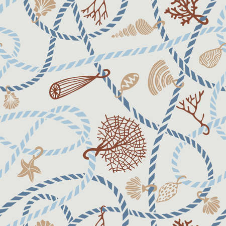 Seamless marine rope knot pattern. Illustration with color ropes ornament and Jewelry made of...
