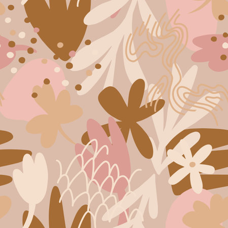 Floral doodle art seamless pattern with different abstract shapes and textures. Cute collage with flowers and plants. Vector. Trendy flat style fashion design for fabric, textile, wrapping, surface.のイラスト素材